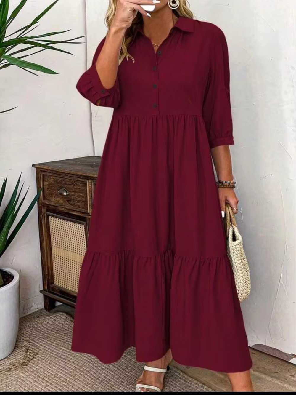 SHEIN Burgundy Collared Tiered Maxi Dress
